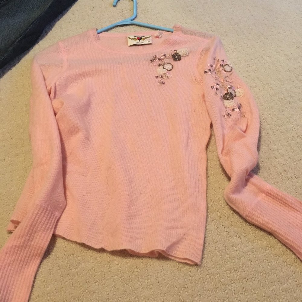 Twisted Heart Cashmere Beaded pink sweater